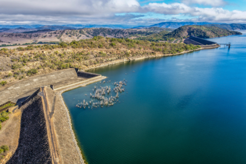 Aerial view of Glenbawn Dam and the spillway with surrounding landscape in NSW Australia. - Australian Stock Image