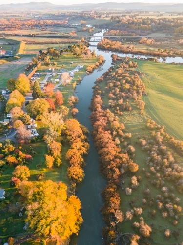 Aerial view of golden trees lining the banks of a river in Autumn - Australian Stock Image