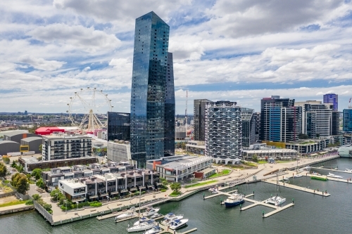 Aerial view of high rise buildings on a marina waterfront - Australian Stock Image