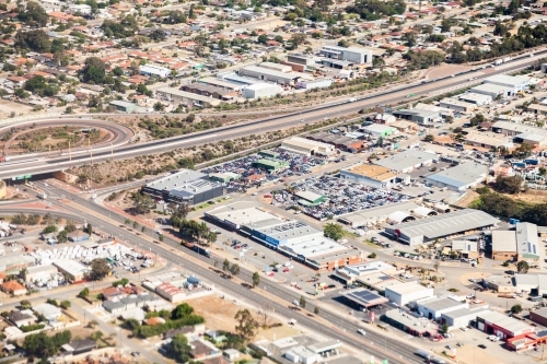 Aerial view of industrial estate sheds and auto wreckers - Australian Stock Image
