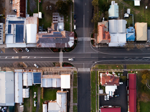 Aerial view of intersection of roads in country town of Merriwa in New South Wales Australia - Australian Stock Image