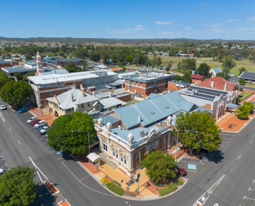 Aerial view of Inverell with the Old Town Hall, Post Office and Courthouse - Australian Stock Image