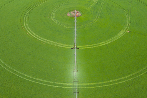 Aerial view of irrigation sprinklers mowing around a circular green field - Australian Stock Image