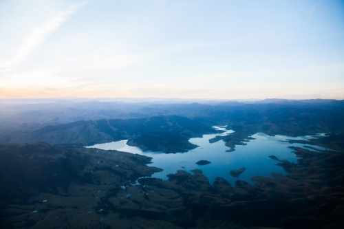Aerial view of Lake St Clair, New South Wales, Australia at dusk - Australian Stock Image