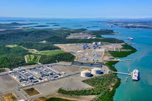 Aerial view of liquified natural gas plant on Curtis Island - Australian Stock Image