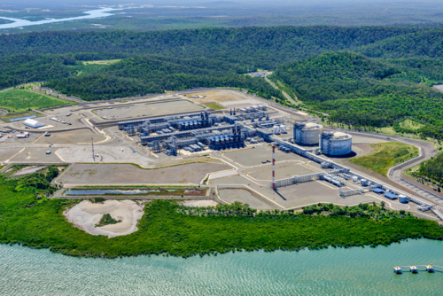 Aerial view of liquified natural gas plant on Curtis Island - Australian Stock Image