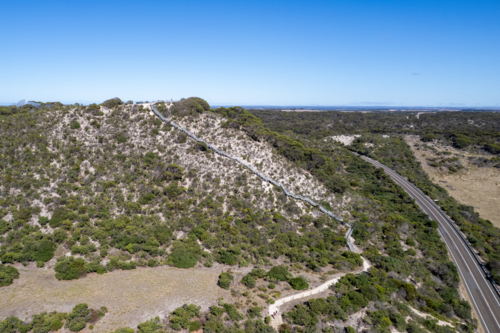 Aerial View of Long Winding Boardwalk and Stairs Ascending Prospect Hill, Kangaroo Island - Australian Stock Image