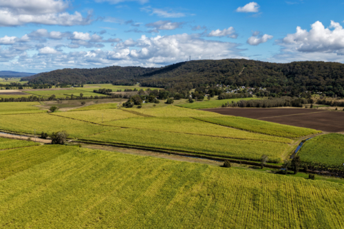 Aerial view of lush green rural land alongside the Clarence River at Maclean - Australian Stock Image