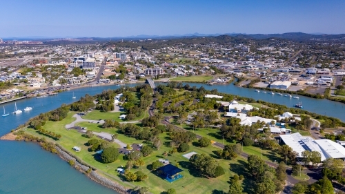 Aerial view of marina and university with city in background - Australian Stock Image