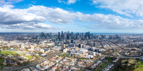 Aerial view of Melbourne skyline on a cool winter's day from Parkville in Victoria, Australia - Australian Stock Image
