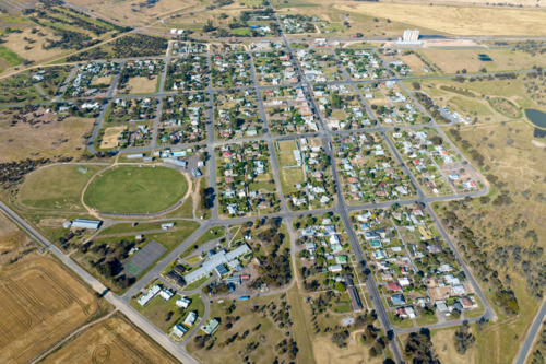 Aerial view of Minyip township surrounded by farmland in the Wimmera region - Australian Stock Image