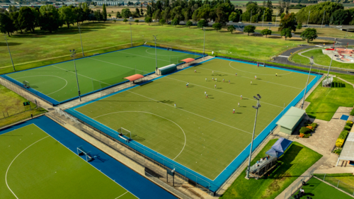 Aerial View of Multi-Field Hockey Complex on a Sunny Day - Australian Stock Image