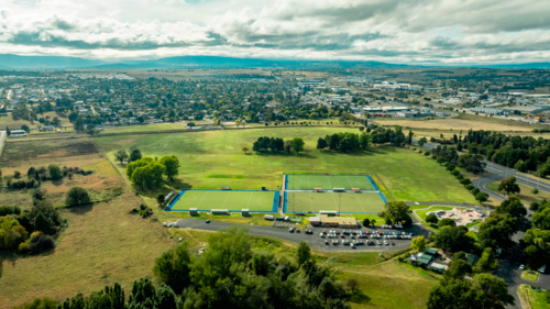 Aerial View of Multi-Field Hockey Complex on a Sunny Day in Kelso, New South Wales, Australia - Australian Stock Image