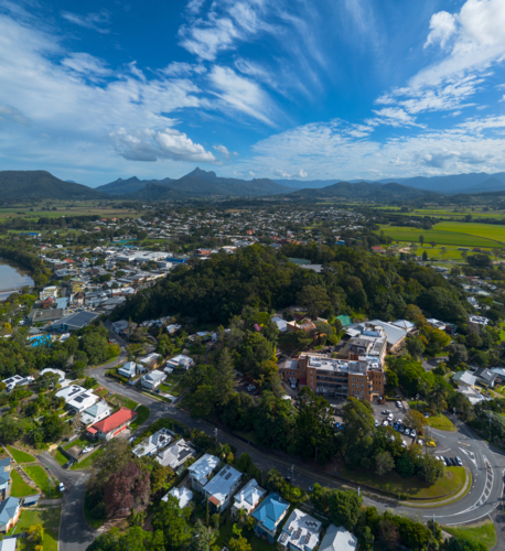 Aerial view of Murwillumbah with the Hospital in the foreground - Australian Stock Image