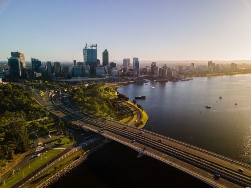 Aerial view of Narrows Bridge across the Swan River at dusk - Australian Stock Image