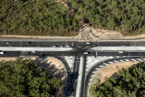 Aerial view of new roads surrounded by bushland - Australian Stock Image