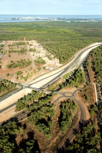 Aerial view of new roads surrounded by bushland - Australian Stock Image