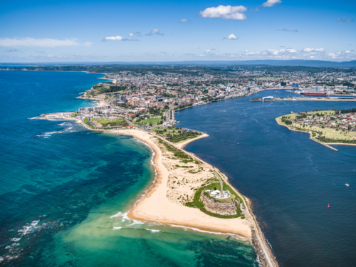 Aerial view of Newcastle and Nobby's Beach - Australian Stock Image