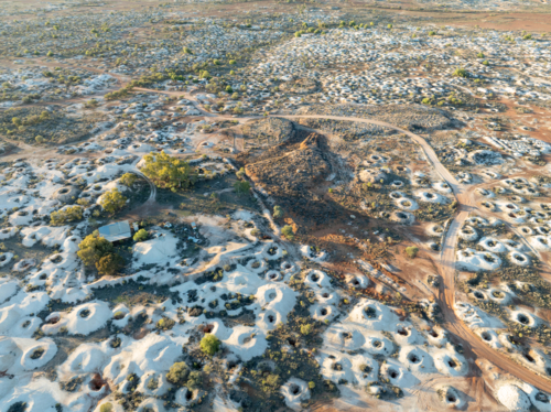 Aerial view of opal mines in White Cliffs, New South Wales - Australian Stock Image