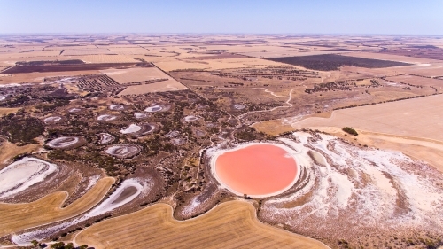 Aerial view of pink salt lake in summer - Australian Stock Image
