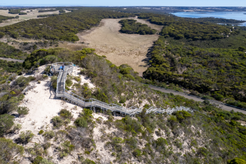 Aerial View of Prospect Hill Lookout Boardwalk and Stairs on Sandy Hill, Kangaroo Island - Australian Stock Image