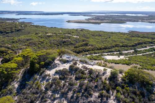 Aerial View of Prospect Hill Lookout Boardwalk Overlooking Pelican Lagoon and Coastal Bushland - Australian Stock Image