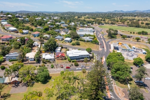 Aerial view of roads and housing on the outskirts of a regional town