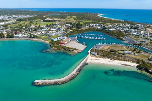 Aerial view of Robe’s coastal township and marina, South Australia - Australian Stock Image