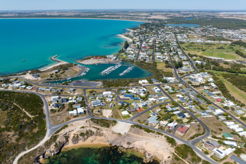 Aerial view of Robe’s coastal township and marina, South Australia - Australian Stock Image