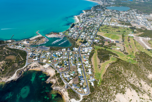 Aerial view of Robe’s coastal township and marina, South Australia - Australian Stock Image