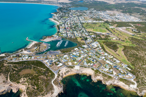 Aerial view of Robe’s coastal township and marina, South Australia - Australian Stock Image