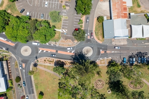 Aerial view of roundabouts and streets in a regional town
