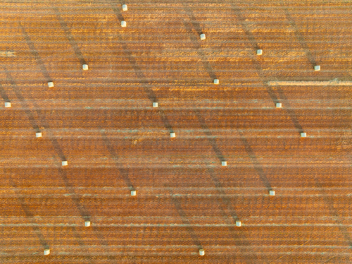 Aerial view of rows of hay bales in a harvested paddock - Australian Stock Image