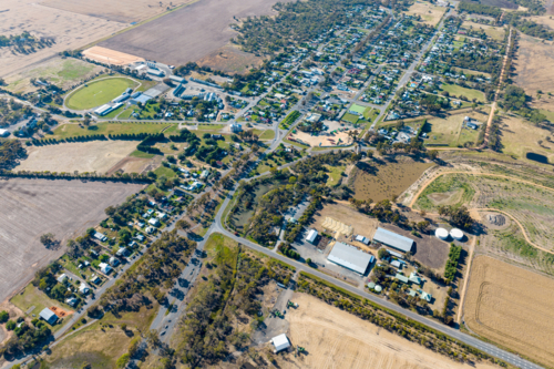 Aerial view of Rupanyup township surrounded by dry farmland and open plains. - Australian Stock Image