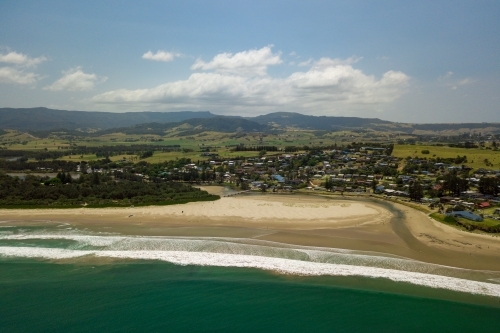 Aerial view of Seven Mile Beach and coastal town of Gerroa - Australian Stock Image