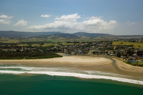 Aerial view of Seven Mile Beach and coastal town of Gerroa