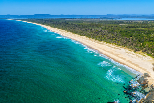 Aerial view of Seven Mile Beach in Forster, New South Wales - Australian Stock Image