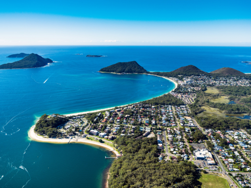 Aerial view of Shoal Bay, Port Stephens, NSW - Australian Stock Image