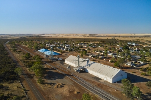 Aerial view of small country town of Ballidu in WA, with the CBH bins and railway in the foreground. - Australian Stock Image