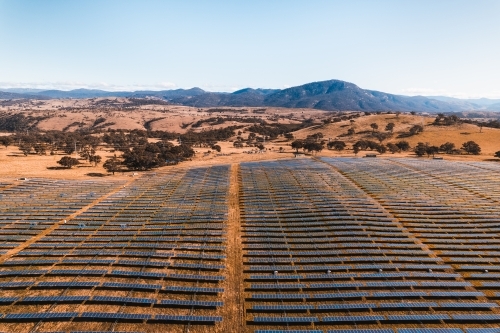 Aerial view of solar farm panels for renewable energy.