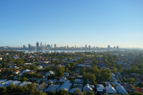 Aerial view of South Perth, city skyline and Swan River, in the early morning - Australian Stock Image