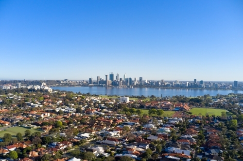 Aerial view of South Perth, Swan River and Perth City Skyling - Australian Stock Image