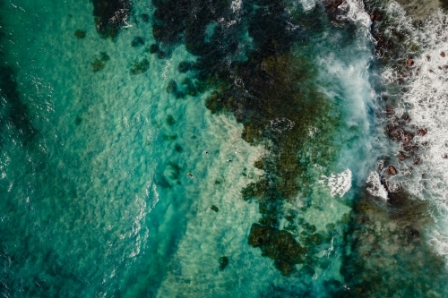 Aerial view of surfers paddling through the crystal clear water at Bronte Beach - Australian Stock Image