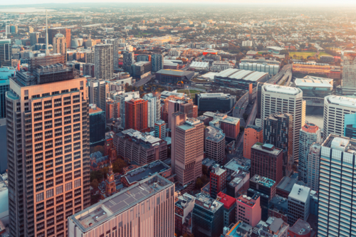 aerial view of Sydney city skyline blending modern architecture and iconic landmarks - Australian Stock Image