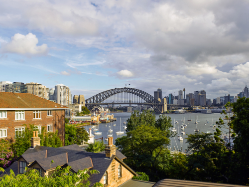 Aerial view of Sydney city with harbour bridge - Australian Stock Image