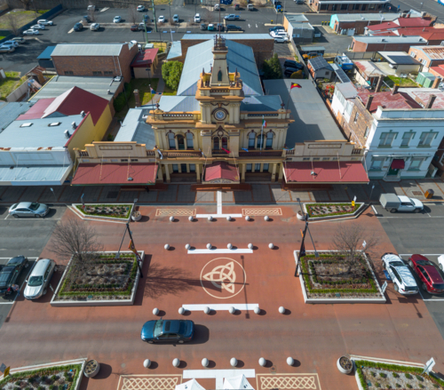 Aerial view of the Glen Innes Town Hall Square - Australian Stock Image