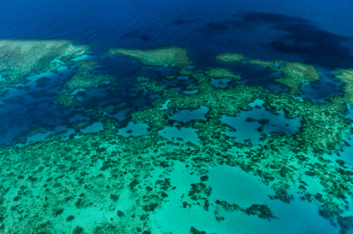Aerial view of the Great Barrier Reef in Queensland, Australia - Australian Stock Image