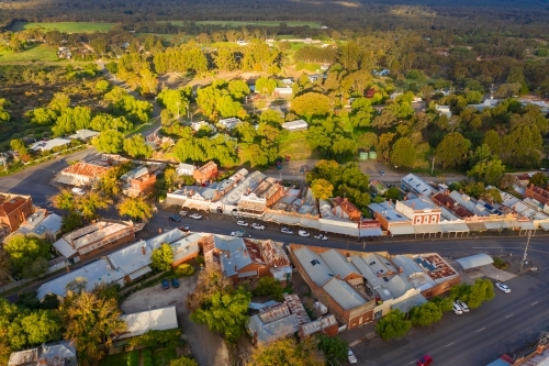 Aerial view of the main street of a country town with historic buildings - Australian Stock Image