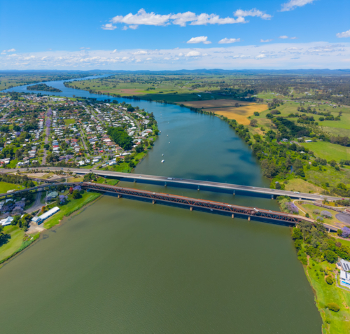 Aerial view of the new and old bridges across the Clarence River in Grafton - Australian Stock Image