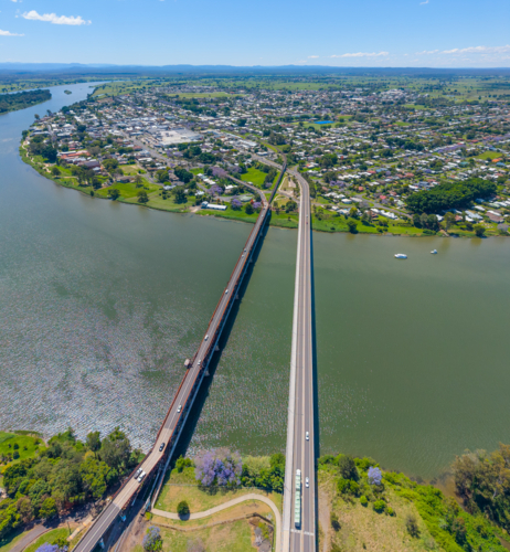 Aerial view of the new and old bridges across the Clarence River in Grafton - Australian Stock Image